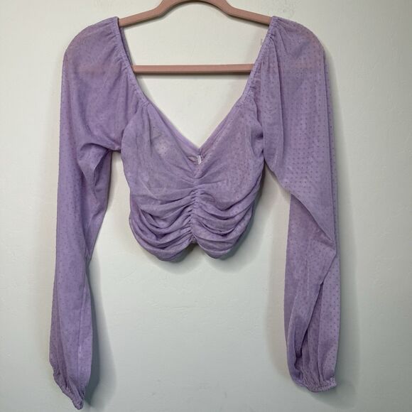 ASOS Size 4 Purple Ruched Sheer Swiss Dot Long Sleeve Crop Top - Picture 7 of 14